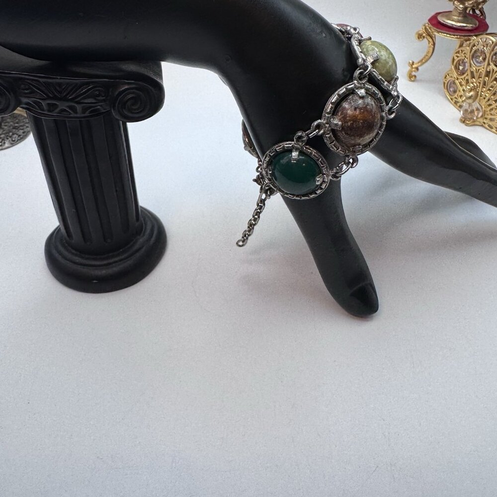 Vintage Large Scarab Gem Stone Double Link Bracelet Silver Tone Unsigned Adjust - Picture 4 of 12